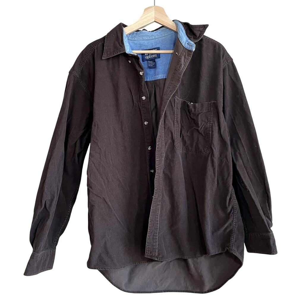 Basic Options brown carpenter long sleeved button down shirt mens L cotton STAIN